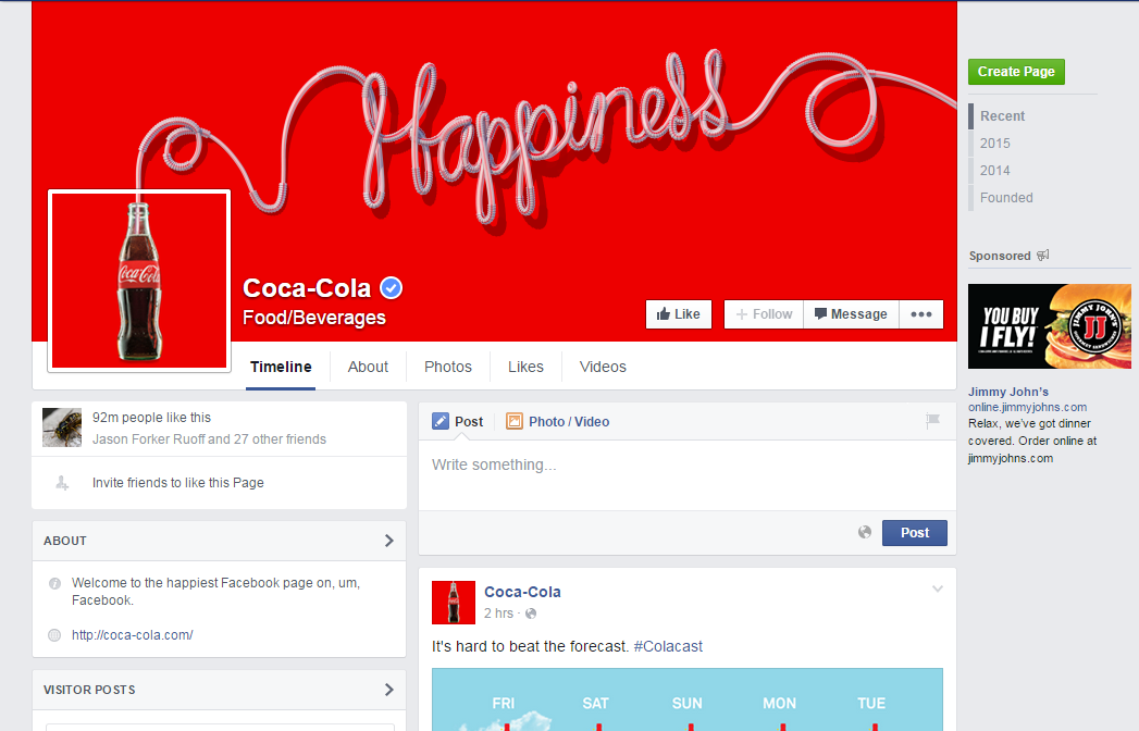 Identidad de marca de Coca-Cola en su página de Facebook