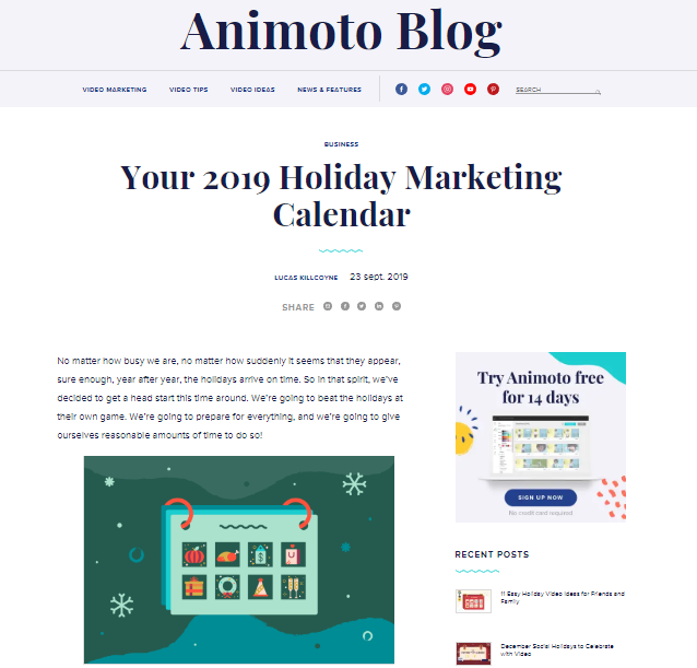Ejemplo de publicación en blog para una campaña navideña de Animoto