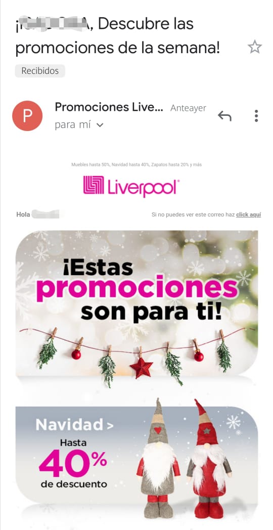 Promoción navideña de email marketing de Liverpool