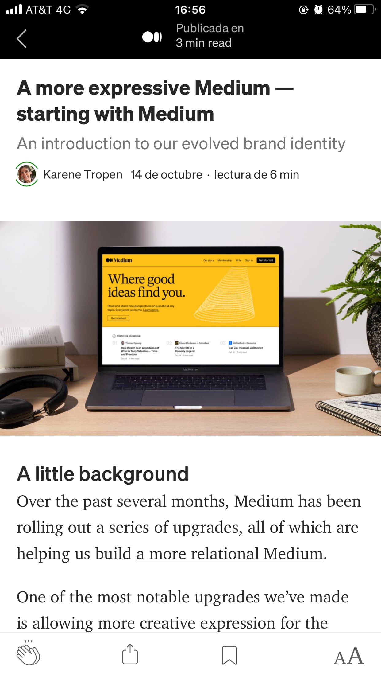 Ejemplo de anuncio de actualización en la app de Medium