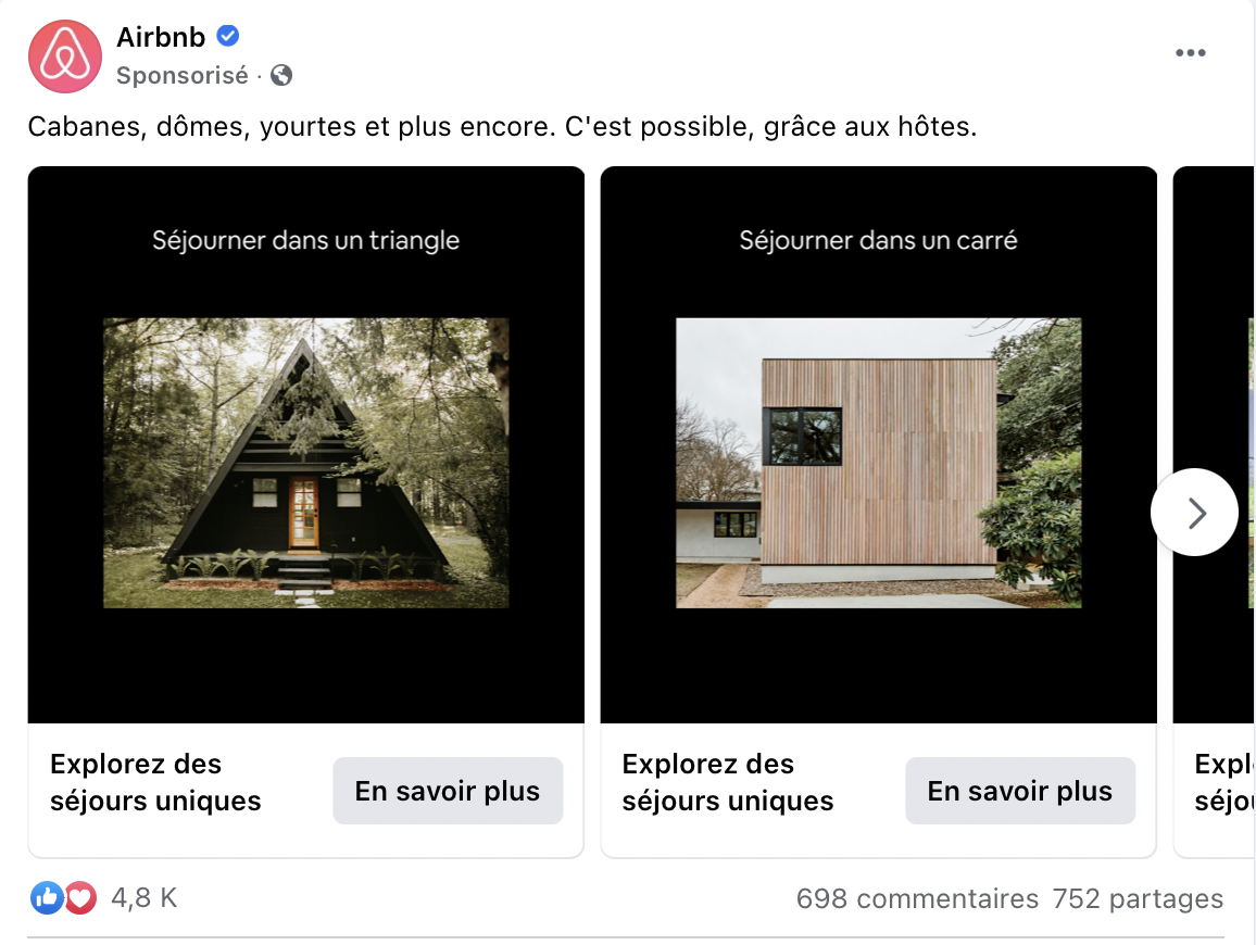 publicité facebook carrousel - airbnb