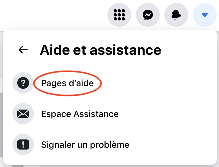 Facebook help pages menu