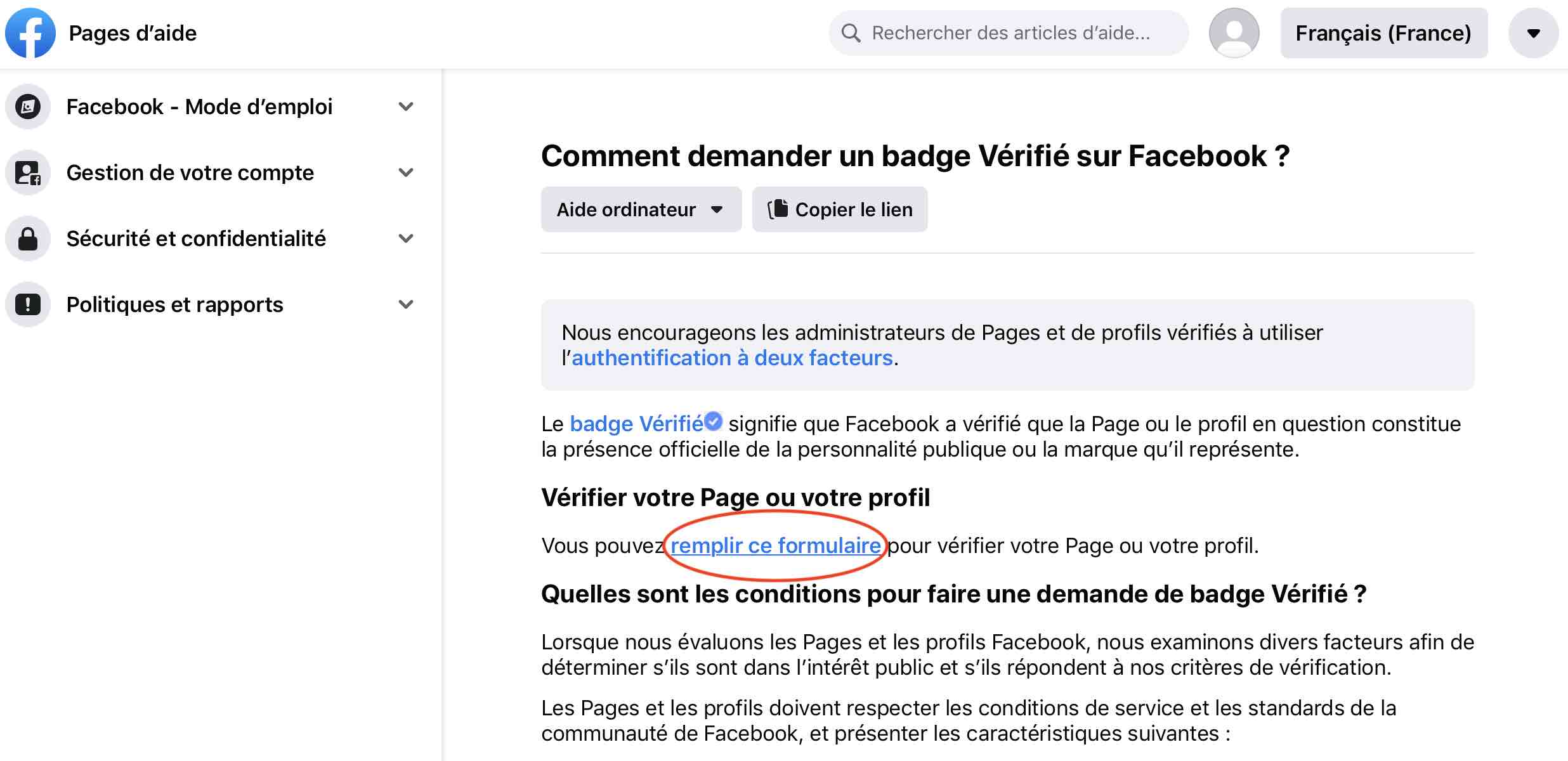 page d'aide certification Facebook