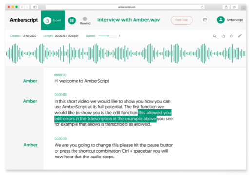 amberscript - audio to text transcription tool