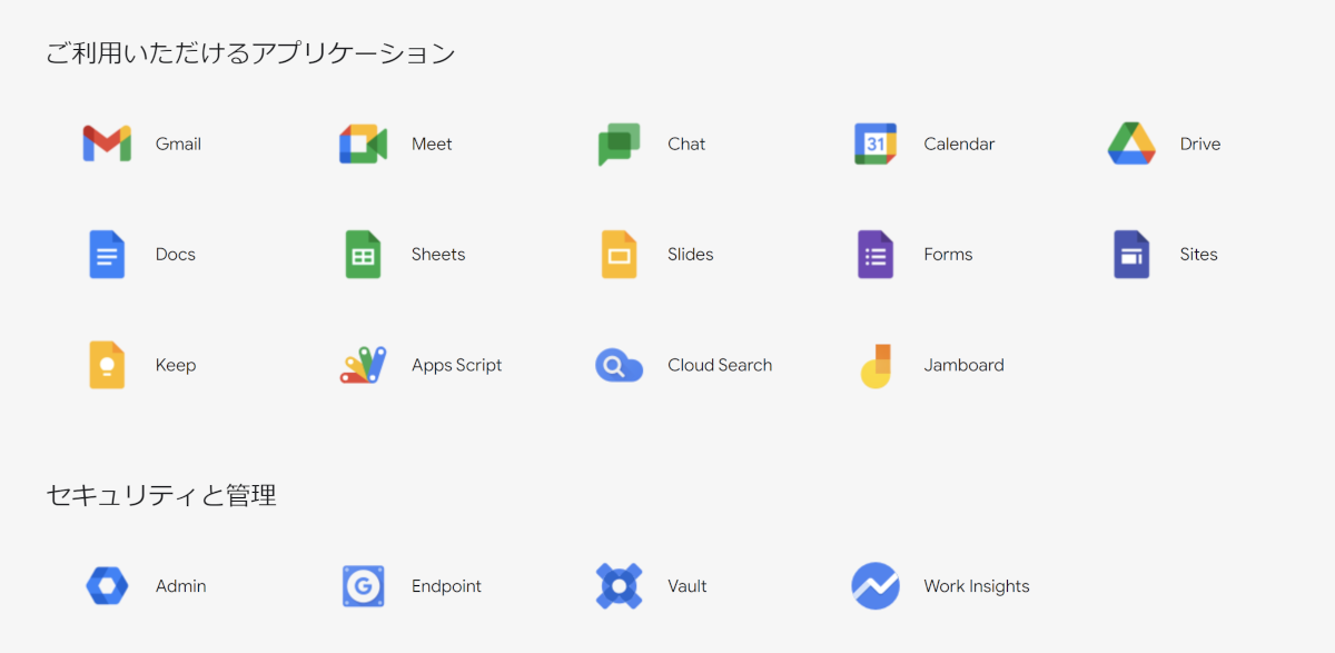 Google Workspace （旧G Suite）で利用できるサービス一覧