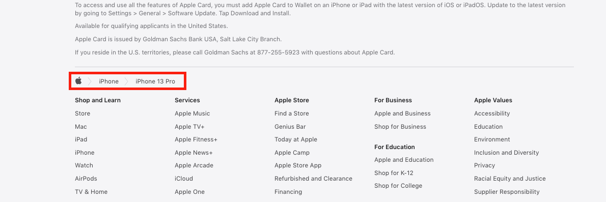 example of location based breadcrumbs on apple iphone 13 pro site