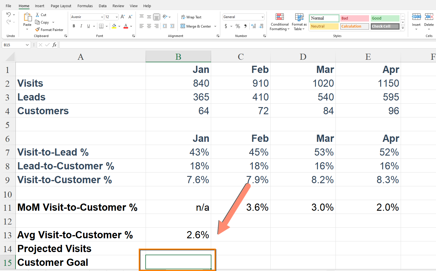 How to use Target Search in Excel: Step 1, select the cell with the output you want to change